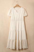 Apricot Plus Size V Neck Lacy Embroidery Patchwork Short Sleeve Maxi Dress