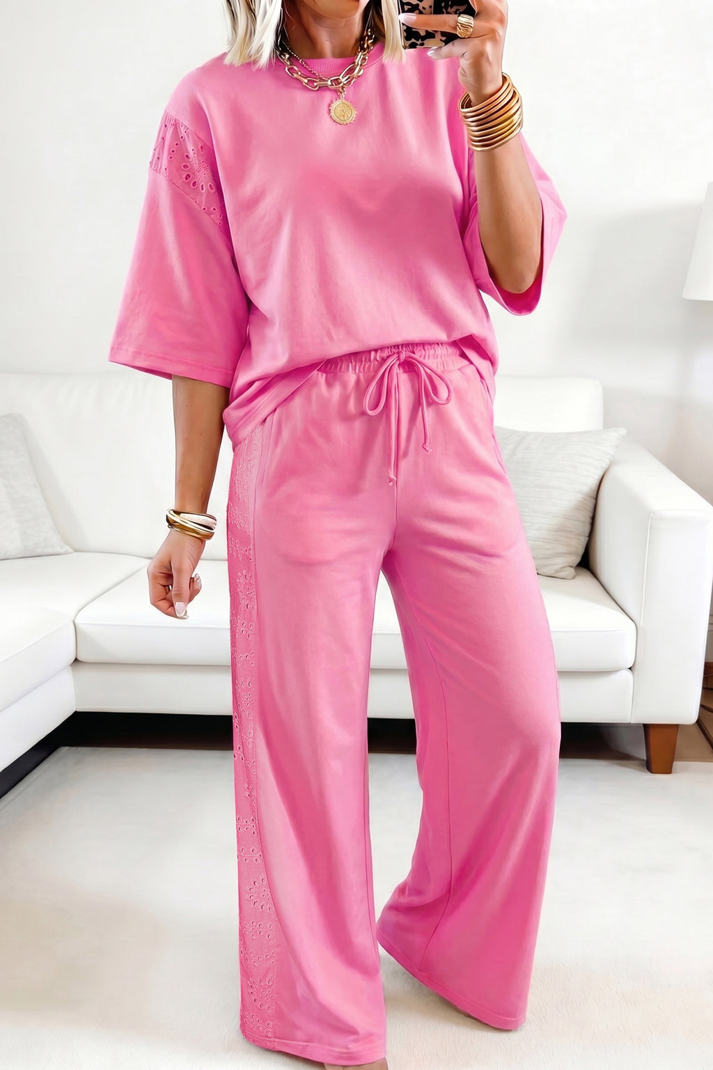 Sachet Pink Lace Patchwork Half Sleeve Top Elastic Waist Pants Two Piece Set
