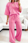 Sachet Pink Lace Patchwork Half Sleeve Top Elastic Waist Pants Two Piece Set