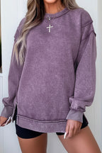 Red Sandalwood Mineral Wash Exposed Seam Side Slit Sweatshirt