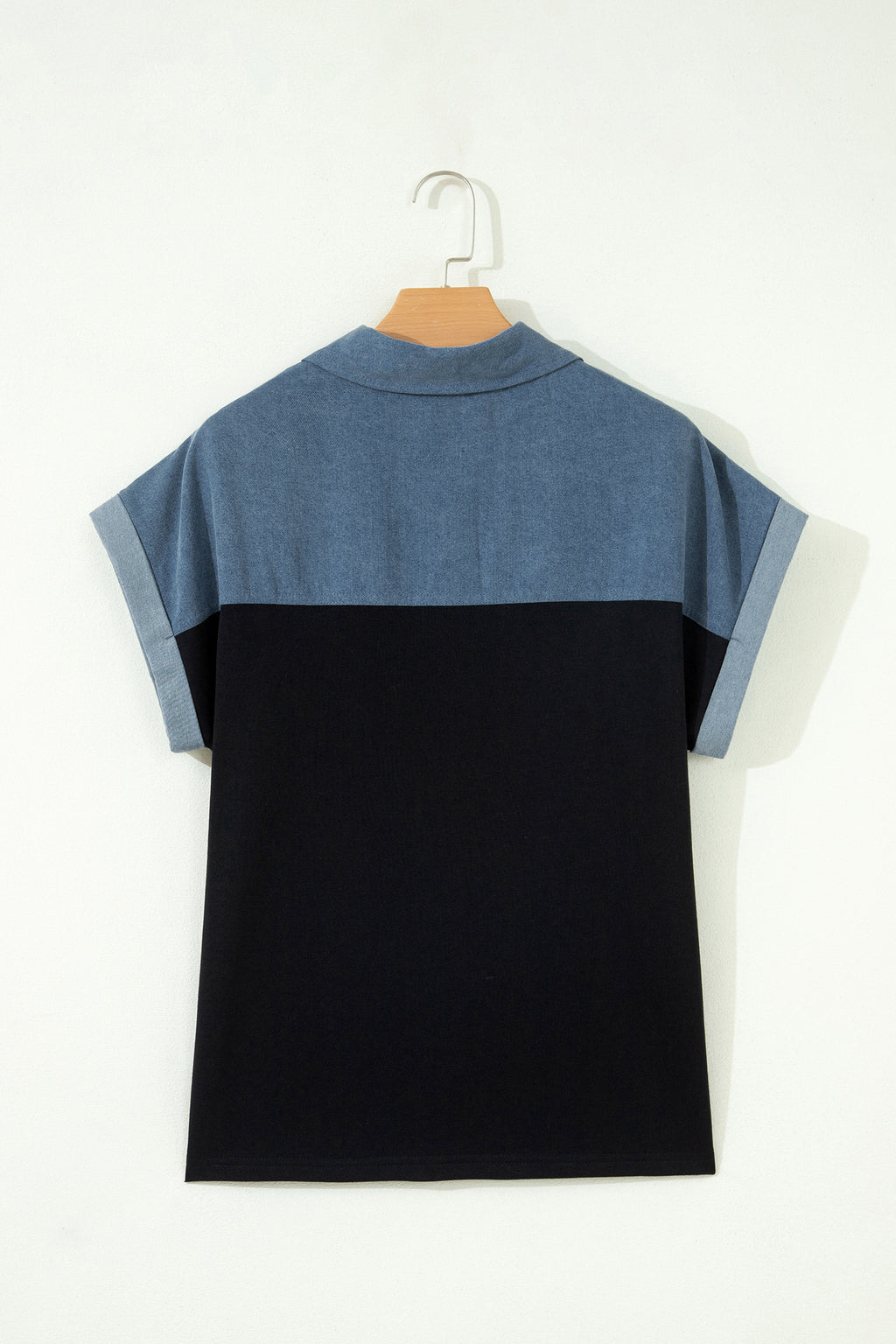 Black Color Block Denim Patchwork Button Polo Collar Short Sleeve Top