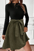 Black Ribbed Knit Slim Bodice Contrast Flared Skirt Patchwork Belted Dress