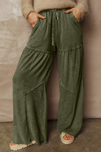Black Mineral Wash Tiered Wide Leg Patchwork Drawstring Pants