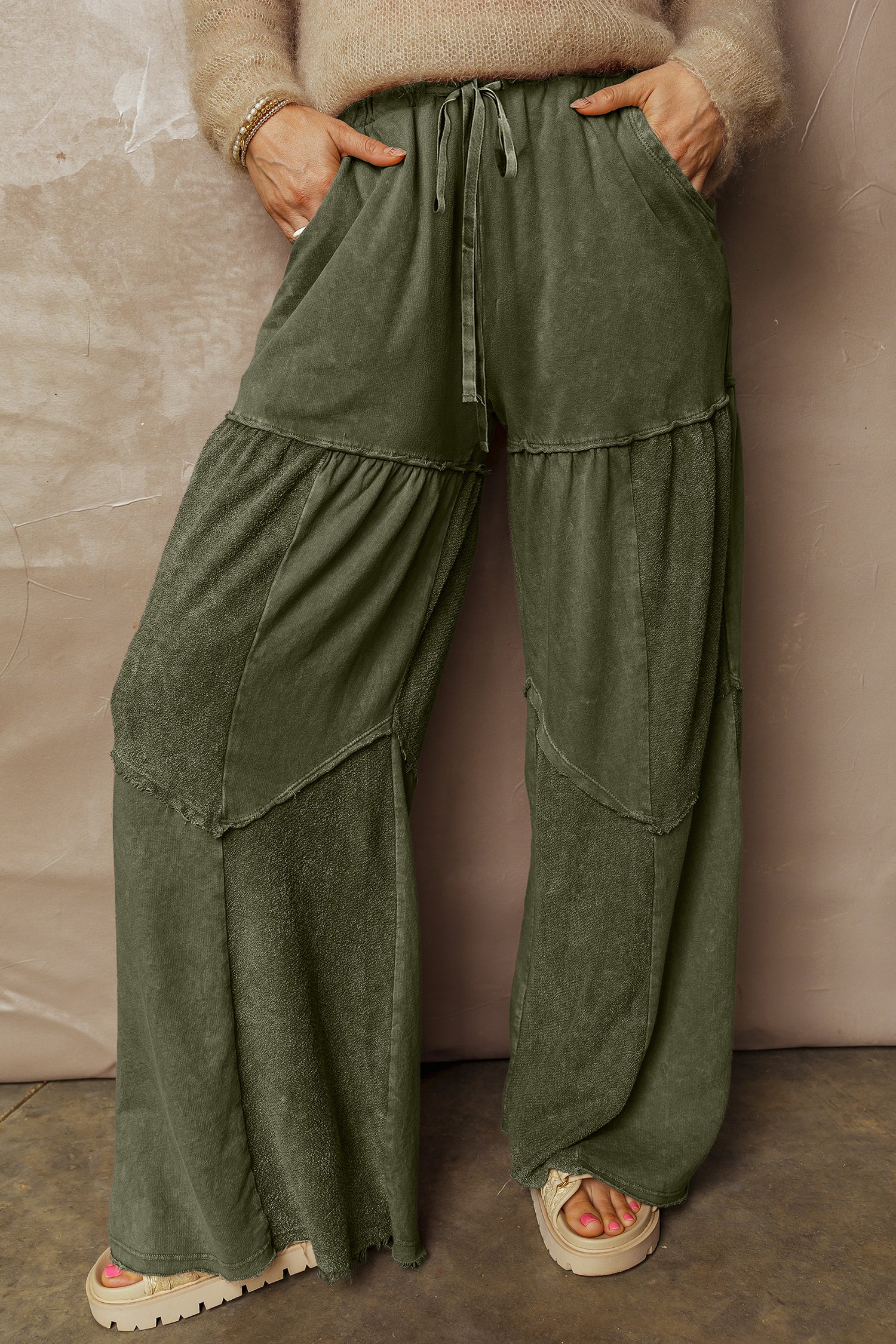 Black Mineral Wash Tiered Wide Leg Patchwork Drawstring Pants