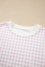 Pink Plaid Baggy Pullover Drawstring Casual Shorts 2pcs Outfit