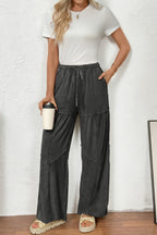 Black Mineral Wash Tiered Wide Leg Patchwork Drawstring Pants