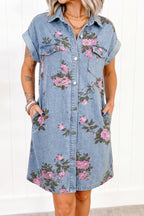 Sky Blue Denim Floral Print Cuffed Short Sleeve Button Down Shift Dress