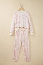 Pink Abstract Print Drop Shoulder Drawstring Waist Drawstring Hem Pant Set