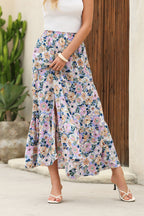 Blue Bohemian Floral Print Tiered Maxi Skirt with Split