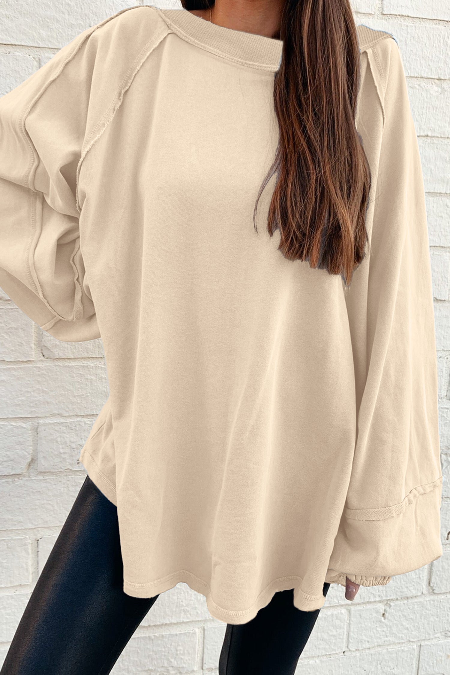 Beau Blue Solid Color Raw Seam Patchwork Baggy Sweatshirt