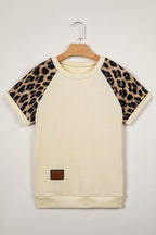 Apricot Ribbed Color Block Leopard Contrast Sleeve Loose Tee