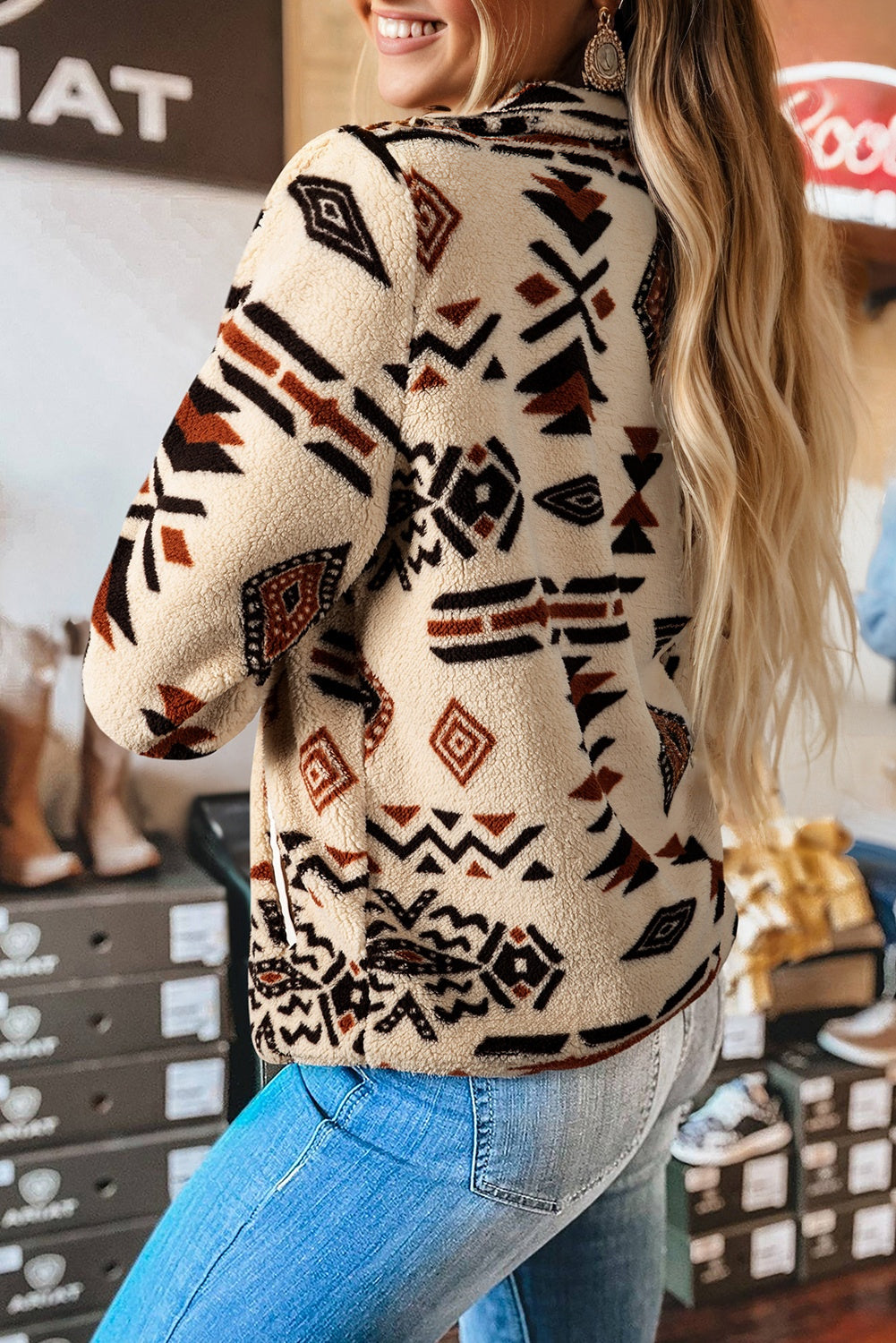 Black Western Aztec Half Placket Plush Sweatshirt