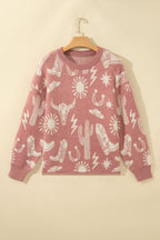 Peach Blossom Western Print Drop Shoulder Round Neck Long Sleeve Sweater