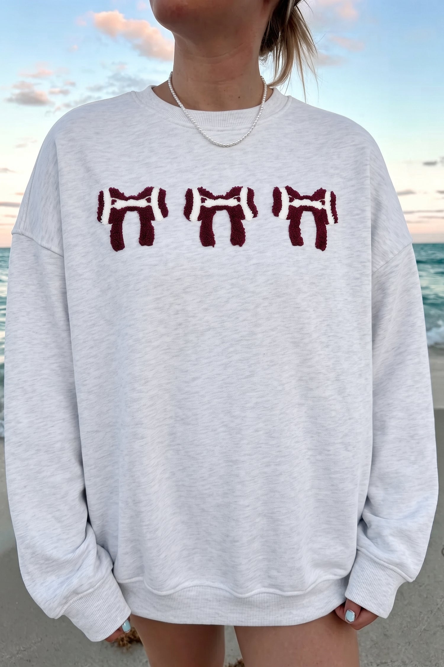 Gray Chenille Embroidered Rugby Bow Game Day Oversized Sweatshirt