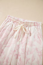 Pink Abstract Print Drop Shoulder Drawstring Waist Drawstring Hem Pant Set