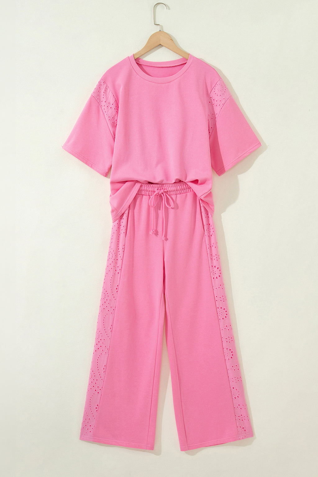 Sachet Pink Lace Patchwork Half Sleeve Top Elastic Waist Pants Two Piece Set