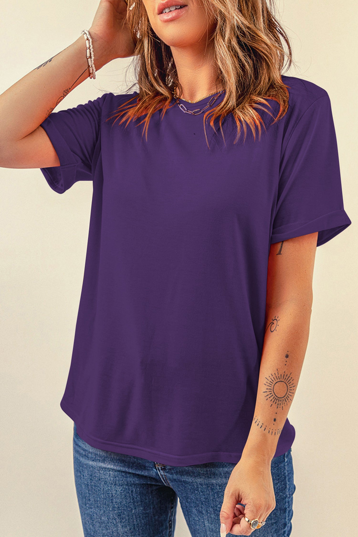 Black Casual Plain Crew Neck Tee