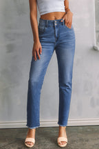 Sky Blue Double Button Raw Hem Slim Fit Jeans