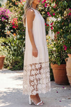 Beige Sheer Hollowed Floral Lace Hem Patchwork Loose Halter Summer Dress
