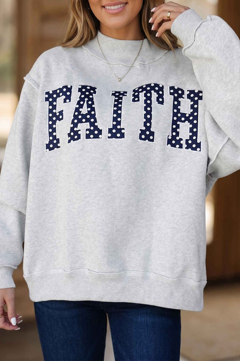 Light Grey High Neck Polka Dot Slogan Printed Baggy Sweatshirt