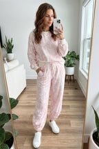 Pink Abstract Print Drop Shoulder Drawstring Waist Drawstring Hem Pant Set