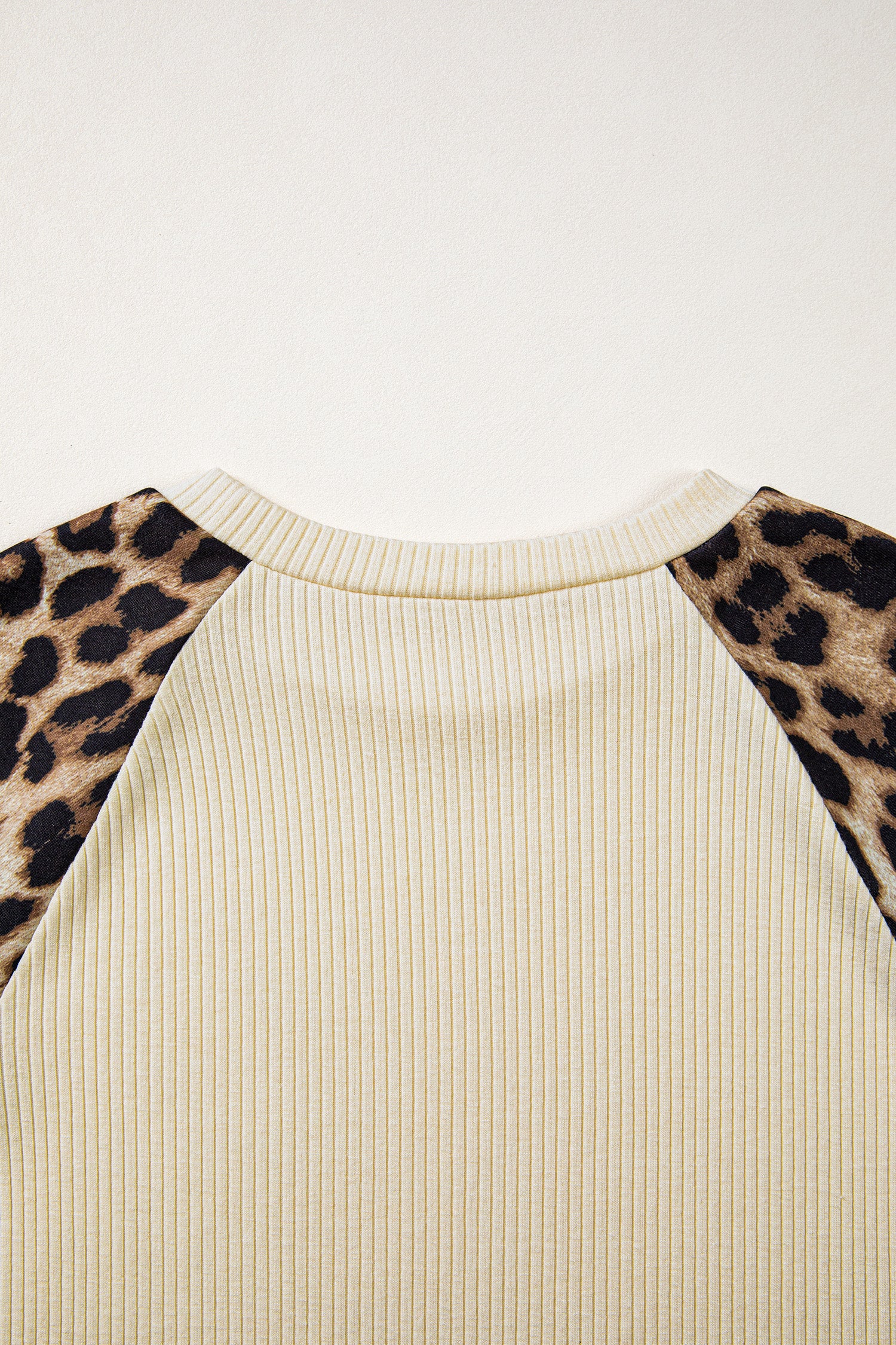 Apricot Ribbed Color Block Leopard Contrast Sleeve Loose Tee