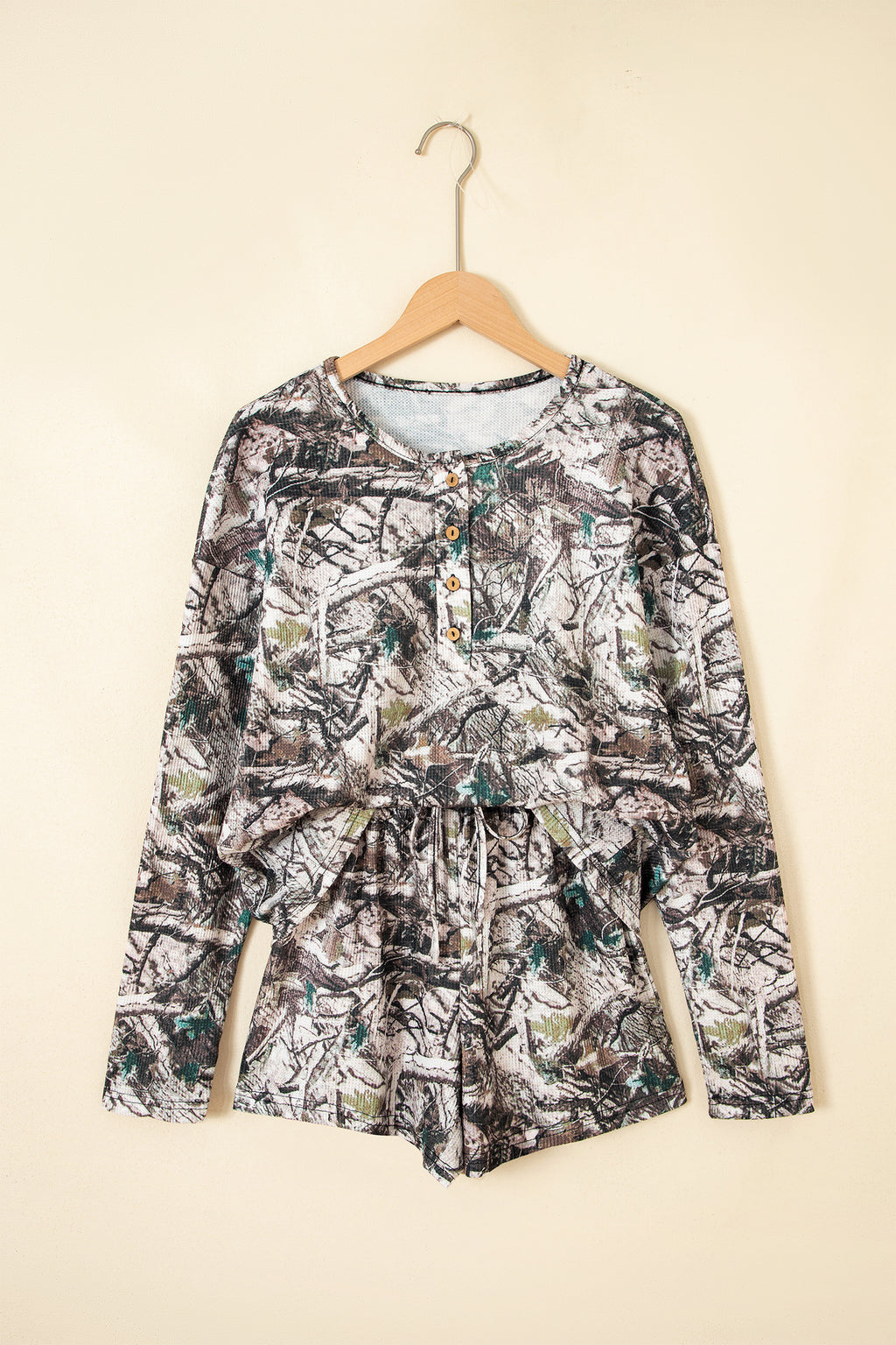 Brown Camo Long Sleeve Top Elastic Waist Shorts Two Piece Set