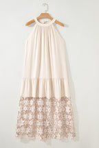 Beige Sheer Hollowed Floral Lace Hem Patchwork Loose Halter Summer Dress