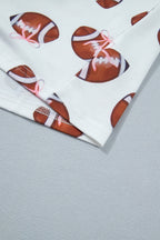 White Rugby Print Short Sleeve Button Down Top Loose Pants Game Day Pajama Set