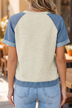 Beige Denim Color Block Patchwork Round Neck Tee
