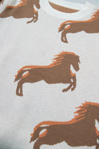 White Western Horse Printed Short Puff Sleeve Sweater