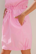 Bonbon Cuffed Short Sleeve Mix Fabric Patchwork Drawstring Mini Dress