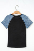 Laurel Green Waffle Knit Seam Detail Color Block Patchwork Short Sleeve Top