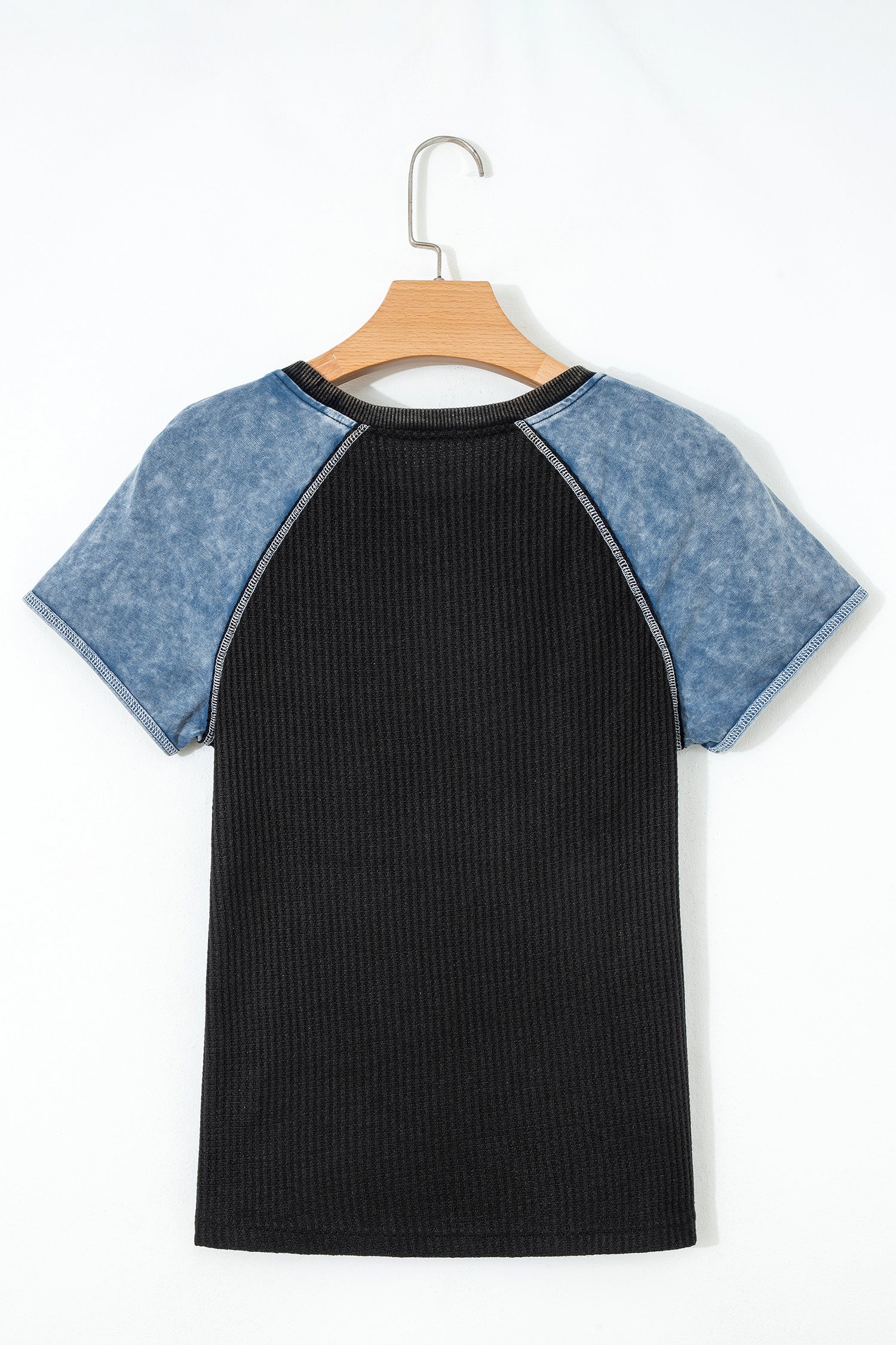 Laurel Green Waffle Knit Seam Detail Color Block Patchwork Short Sleeve Top