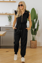Black Zipper Flutter Sleeve Drawstring Elastic Waistband Jumpsuit