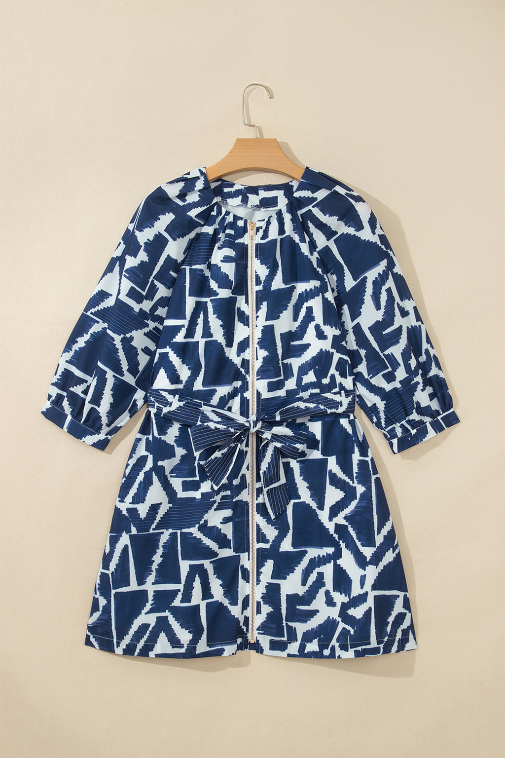 Blue Abstract Geometric Print Zip Front Tie Waist Shift Dress