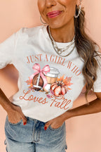 White JUST A GIRL WHO Loves Fall Graphic Casual Tee