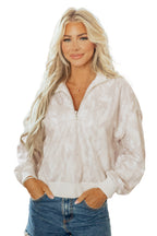 Khaki Camouflage Print Quarter-Zip Drop Shoulder Long Sleeve Sweatshirt