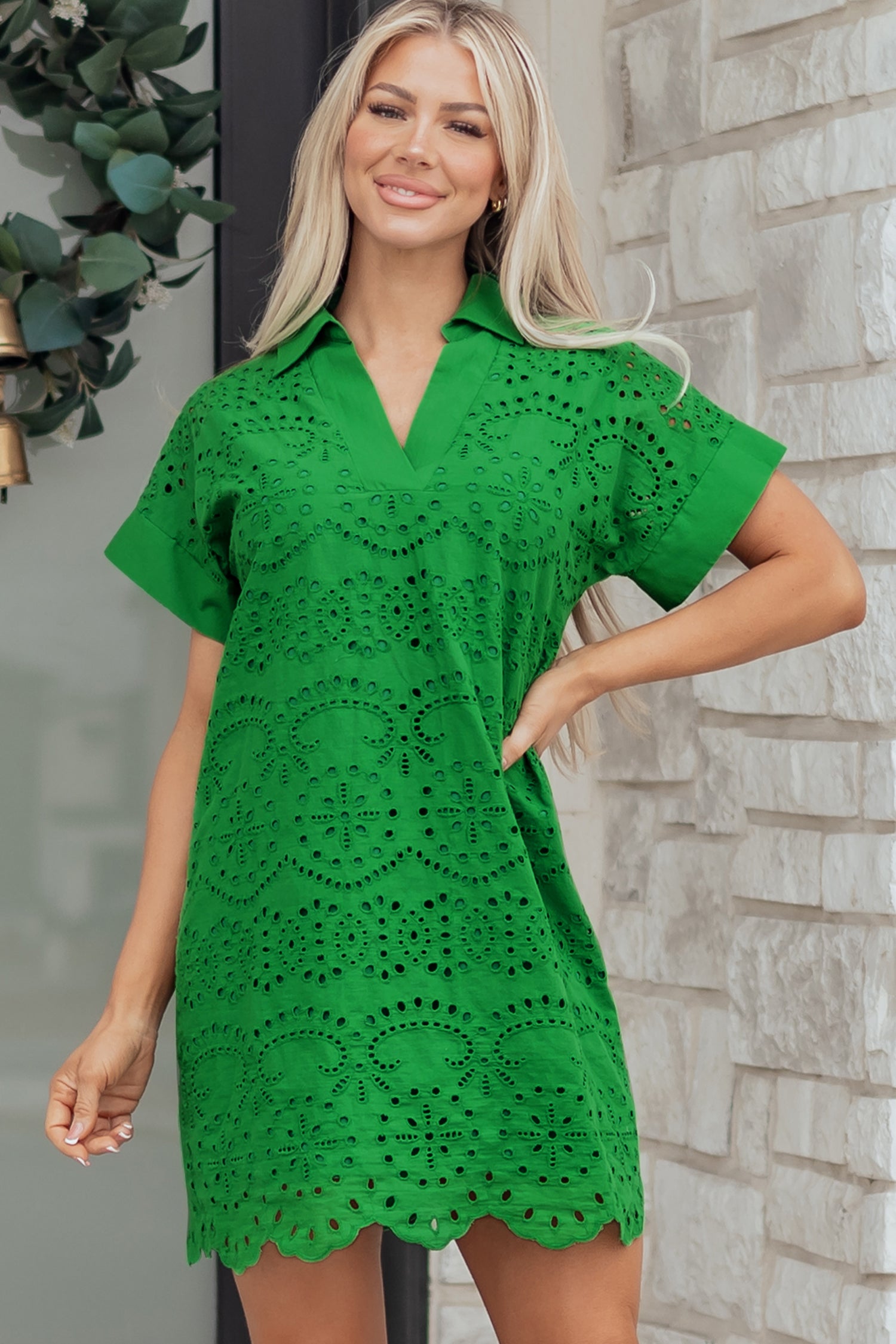 White Solid Color Eyelet Embroidered T Shirt Mini Dress