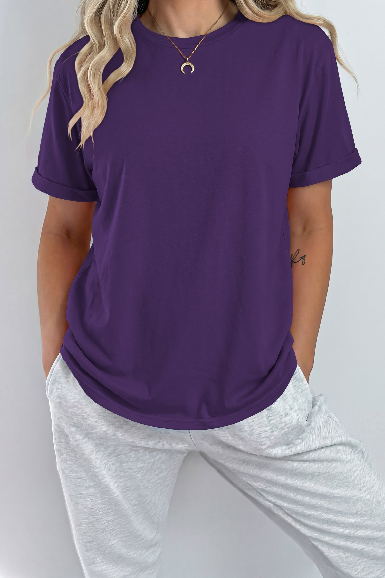 Black Casual Plain Crew Neck Tee