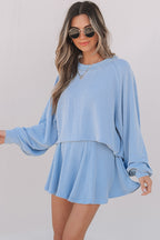 Sky Blue Corded Lantern Sleeve Top High Waist Ruffled Mini Skort Set