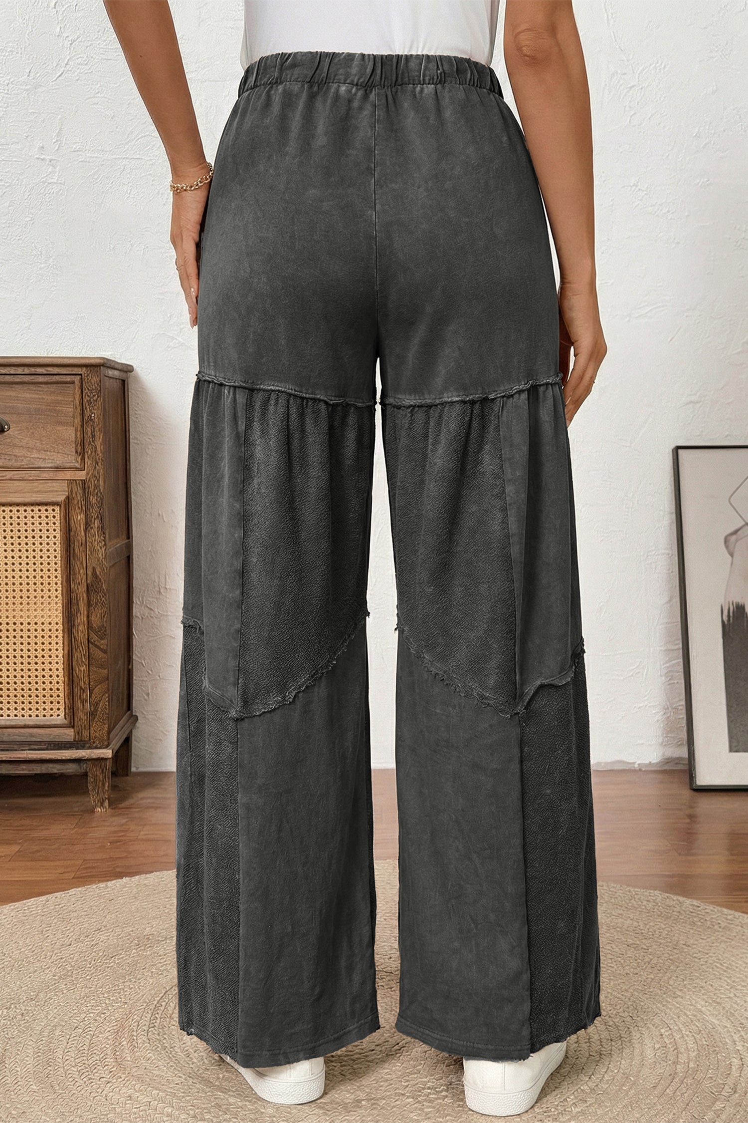Black Mineral Wash Tiered Wide Leg Patchwork Drawstring Pants