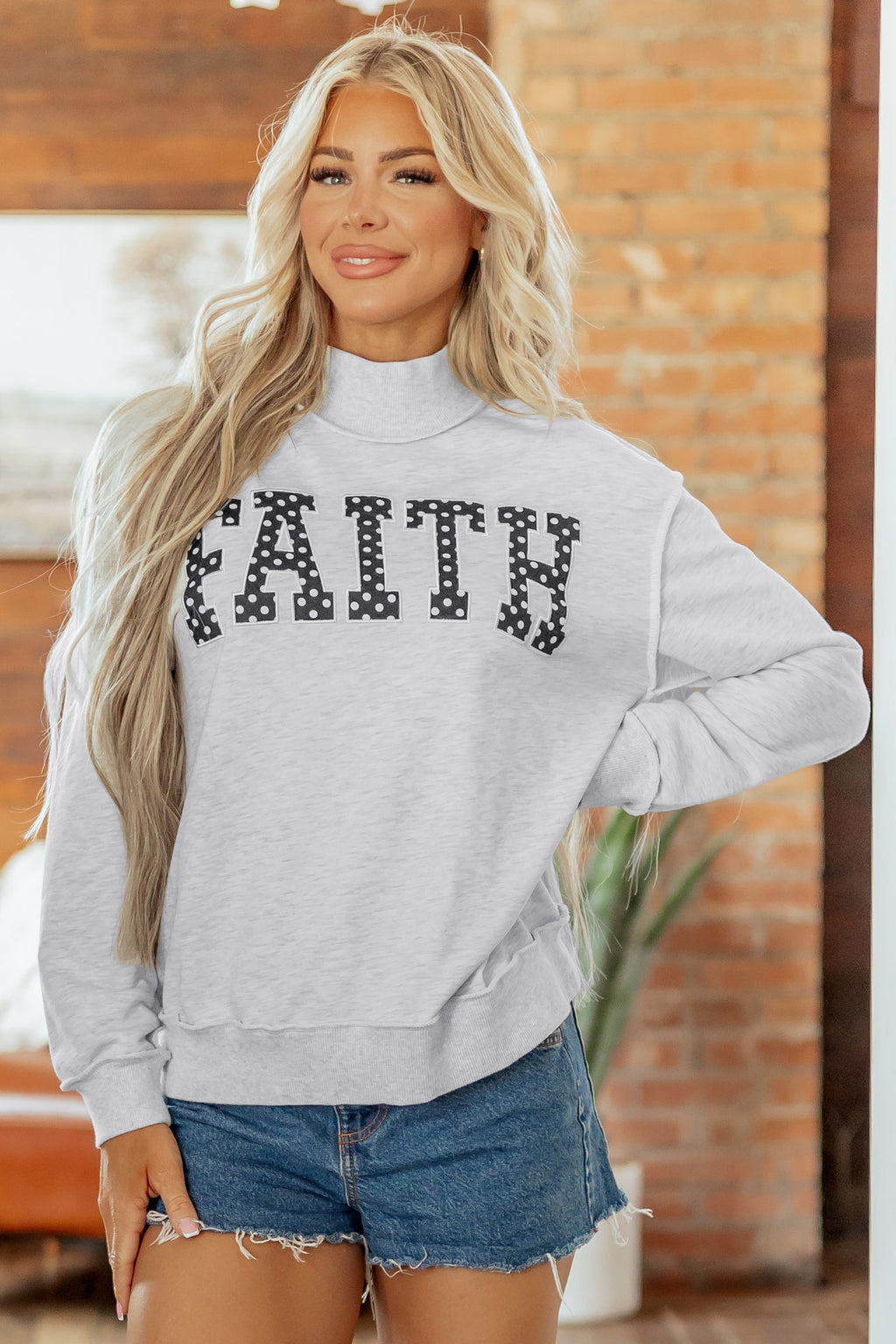 Light Grey High Neck Polka Dot Slogan Printed Baggy Sweatshirt