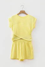 Mist Blue Solid Short Sleeve Elastic Waist Pocket Casual Two Piece Short Set