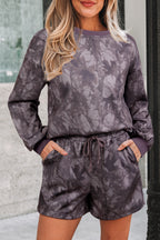 Brown Abstract Woodland Camo Print Baggy Pullover Drawstring Shorts Set