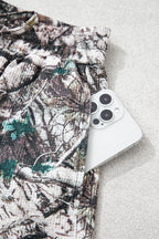 Brown Camo Long Sleeve Top Elastic Waist Shorts Two Piece Set