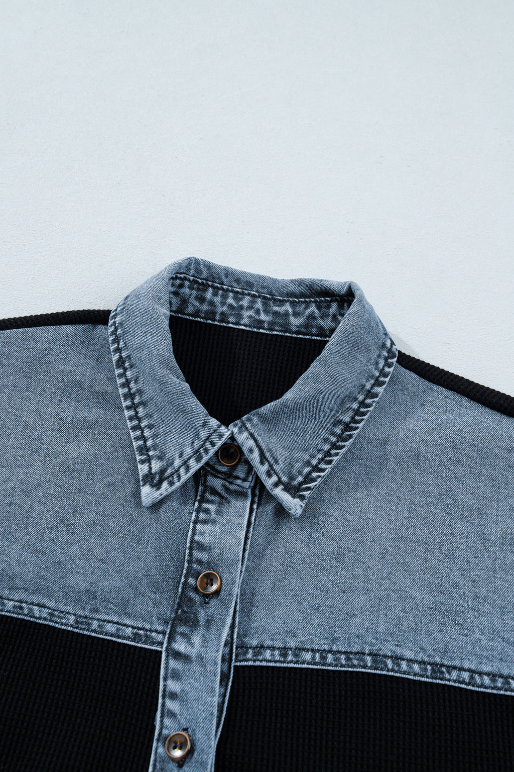 Black Textured Knit Denim Color Block Patchwork Collar Button Down Shirt