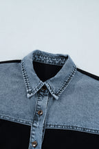 Black Textured Knit Denim Color Block Patchwork Collar Button Down Shirt