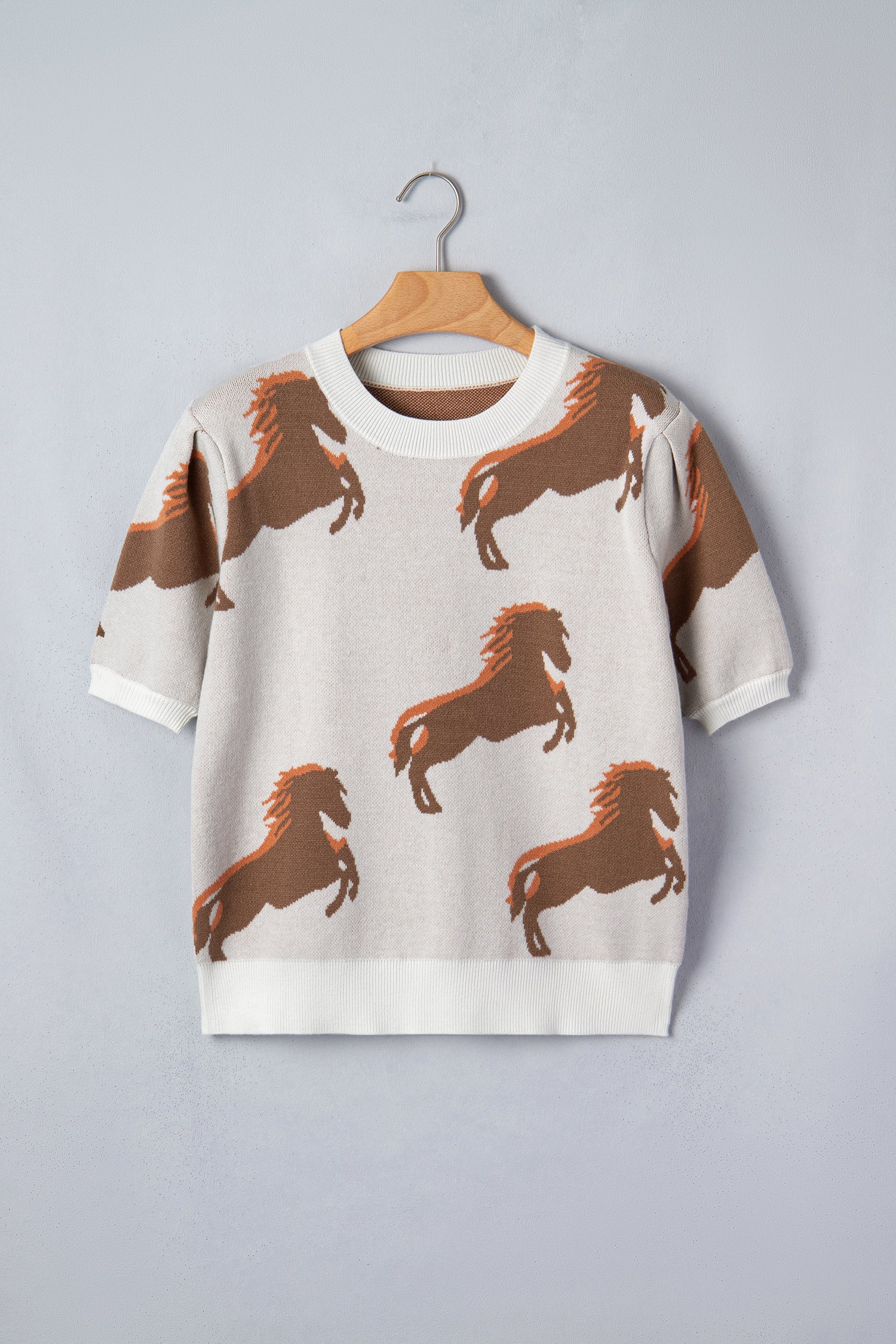White Western Horse Printed Short Puff Sleeve Sweater