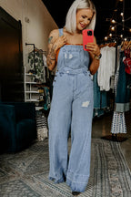 Mist Blue Retro Distressed Button Adjustable Straps Denim Overall Jumpsuit